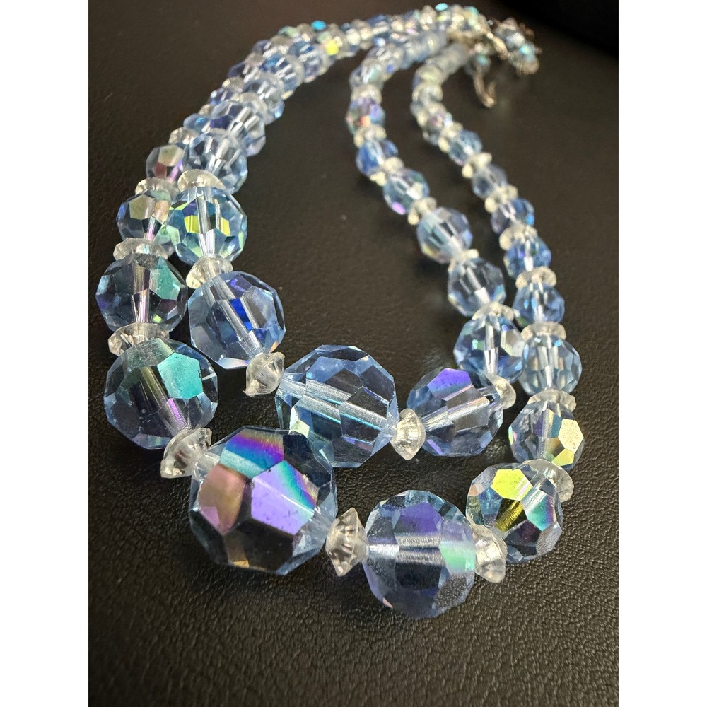 Vintage Beaded Necklace Glass Blue AB Crystal